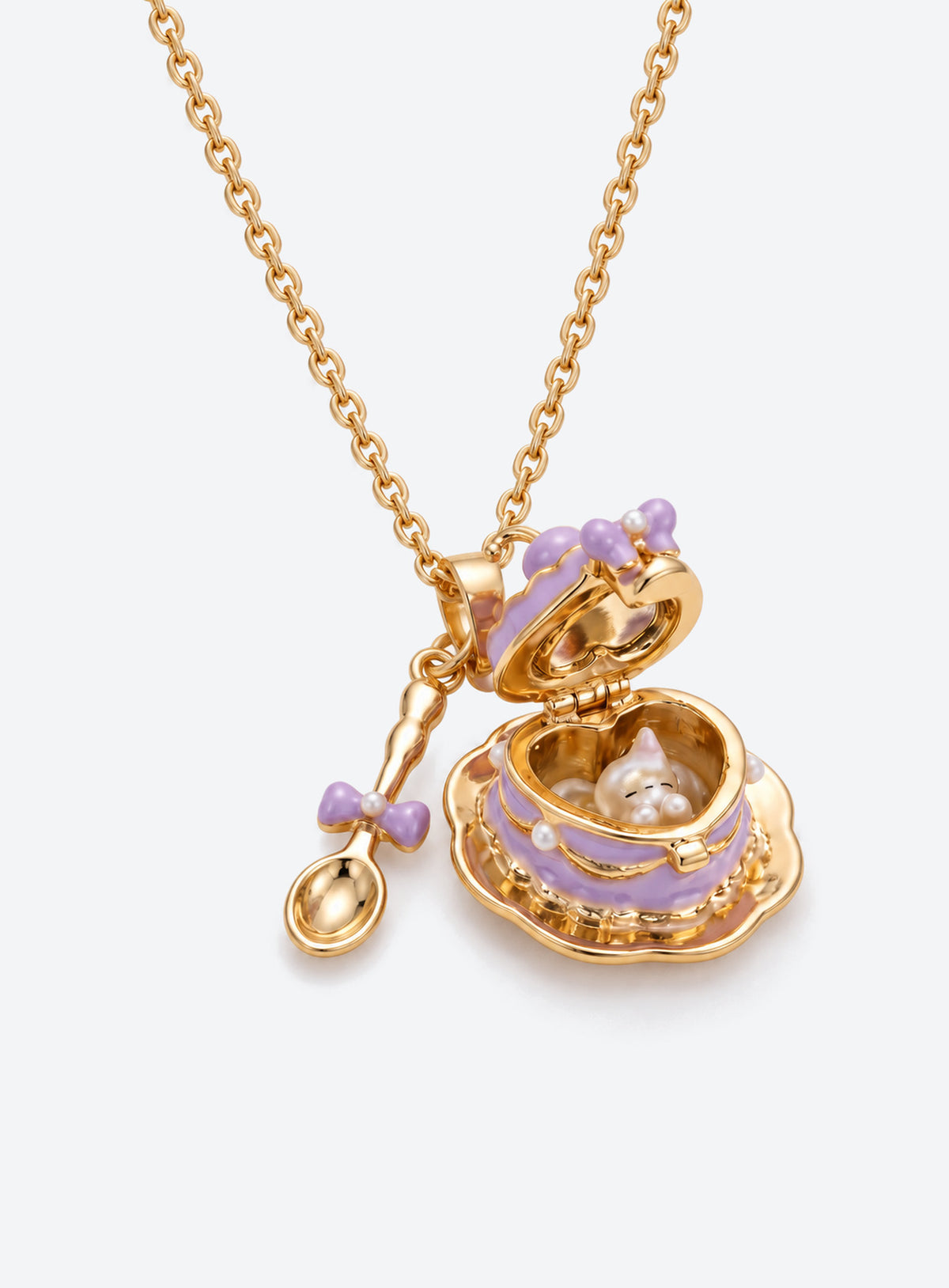 Cake-shaped enamel locket necklace with a small spoon charm (Purple)