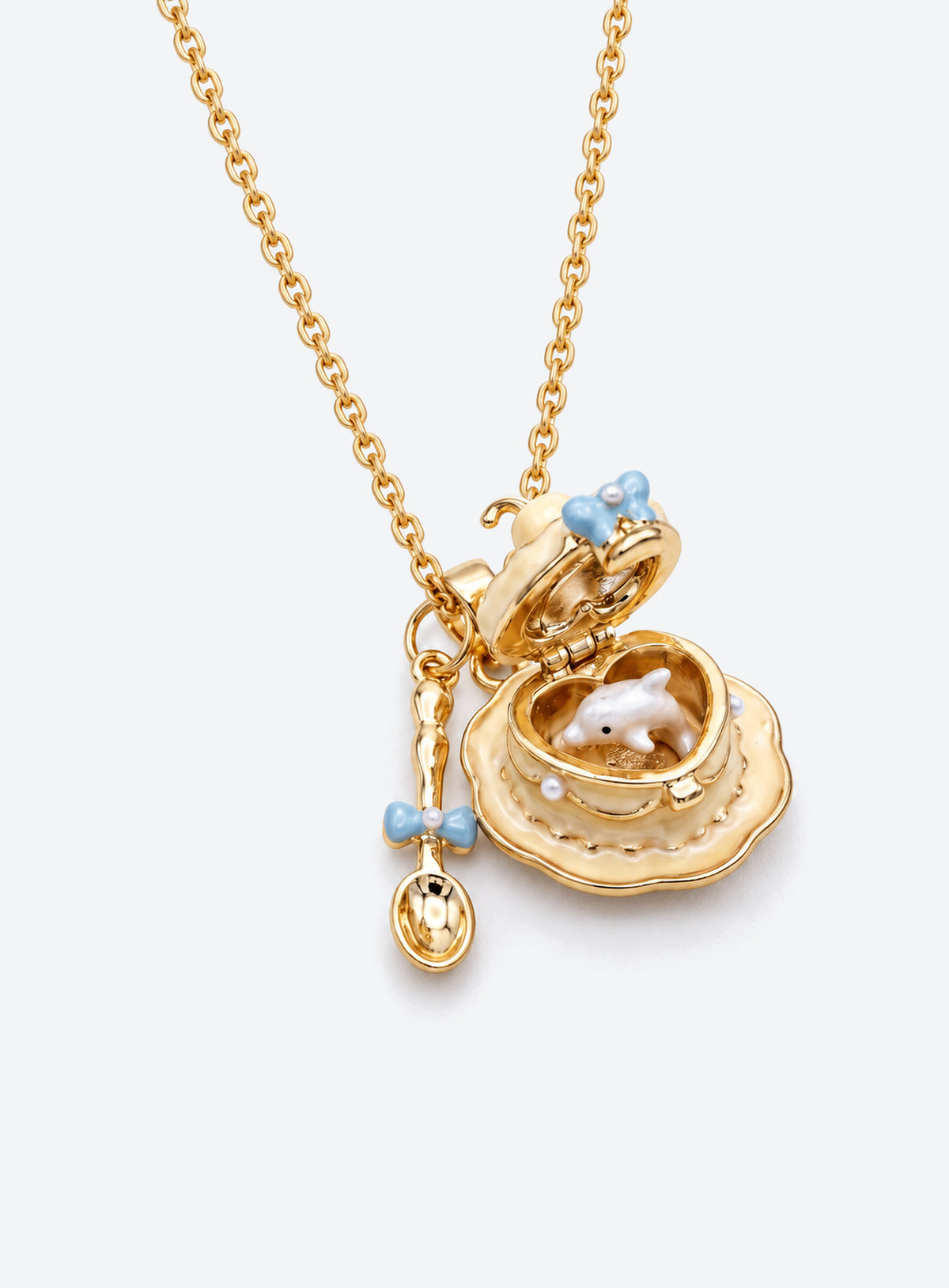 Cake-shaped enamel locket necklace with a small spoon charm (Beige)