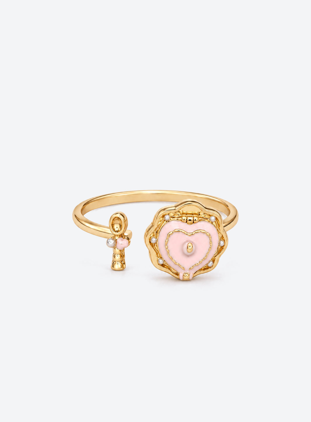 Cake locket ring with glossy enamel, a small spoon charm, and an adjustable open band (Pink)