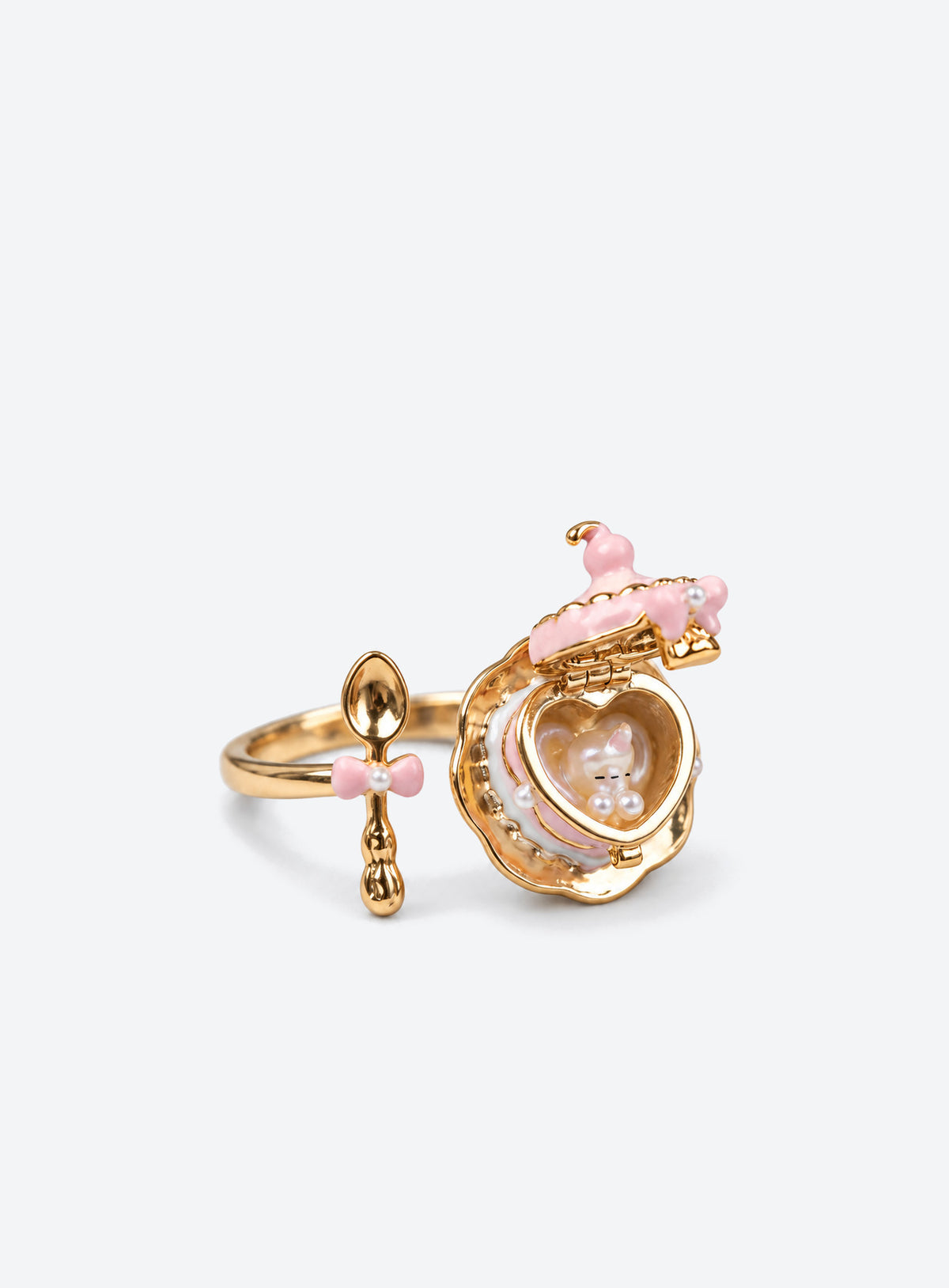 Cake locket ring with glossy enamel, a small spoon charm, and an adjustable open band (Pink)
