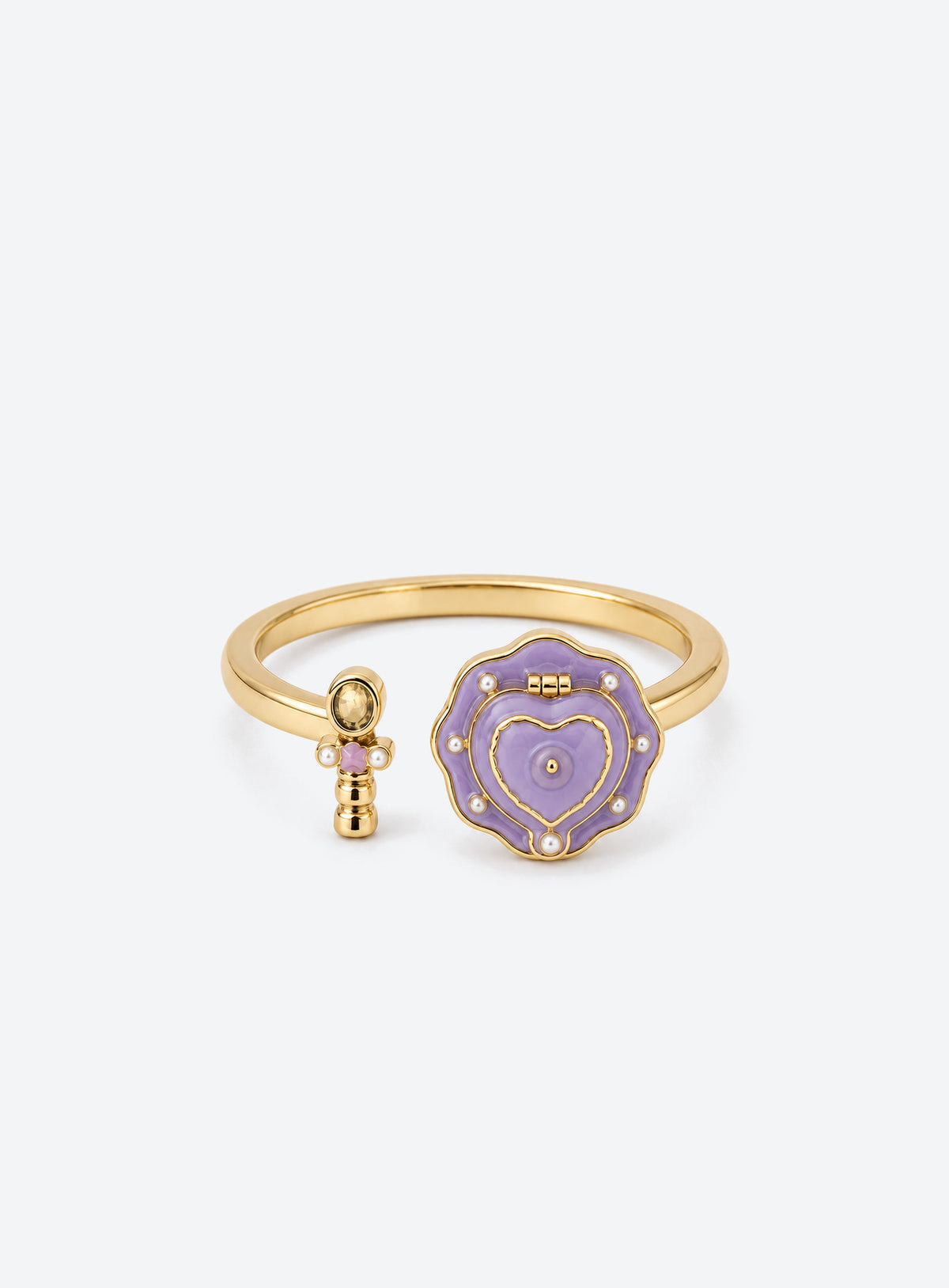 Cake locket ring with glossy enamel, a small spoon charm, and an adjustable open band (Purple)