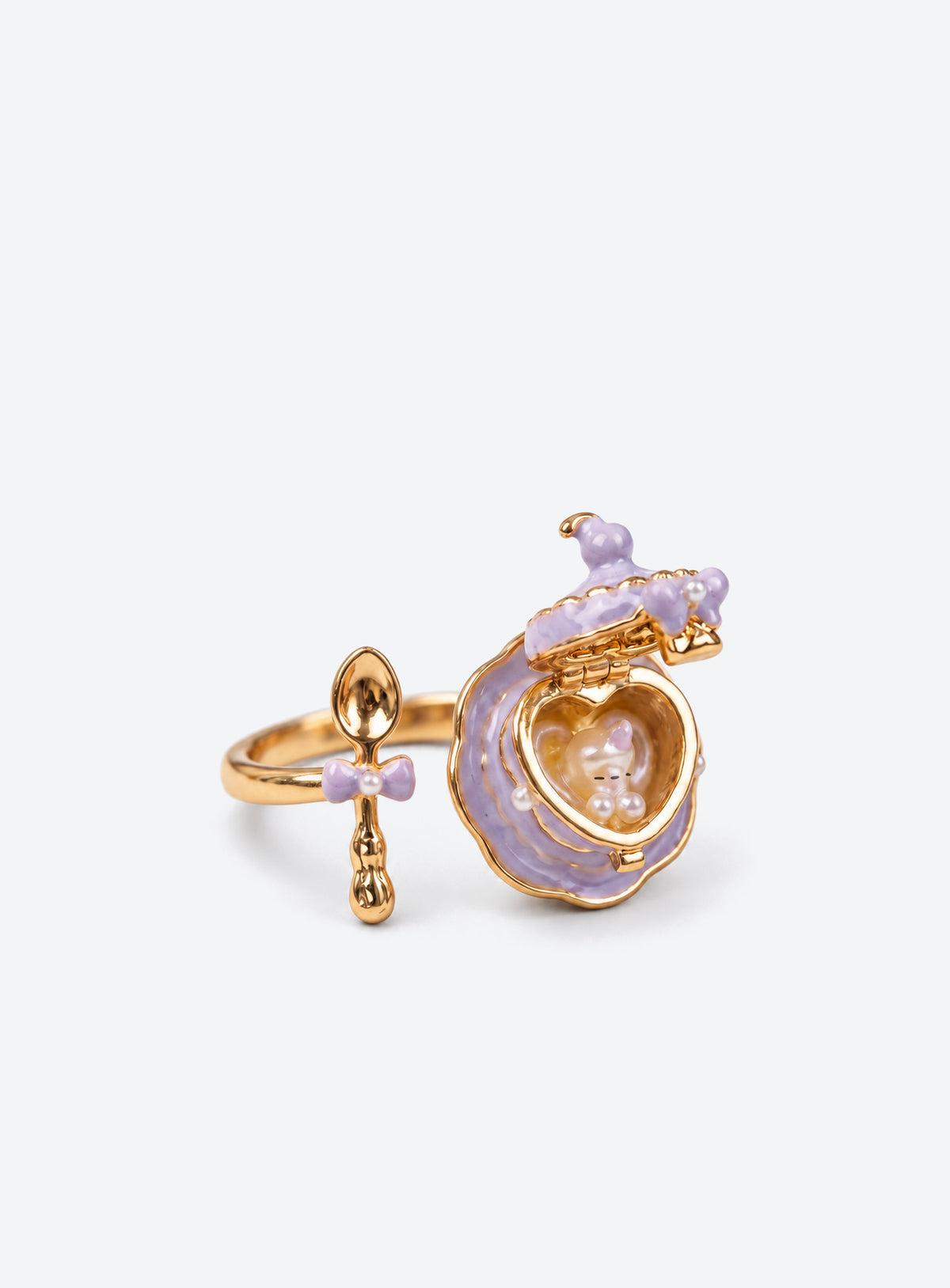 Cake locket ring with glossy enamel, a small spoon charm, and an adjustable open band (Purple)