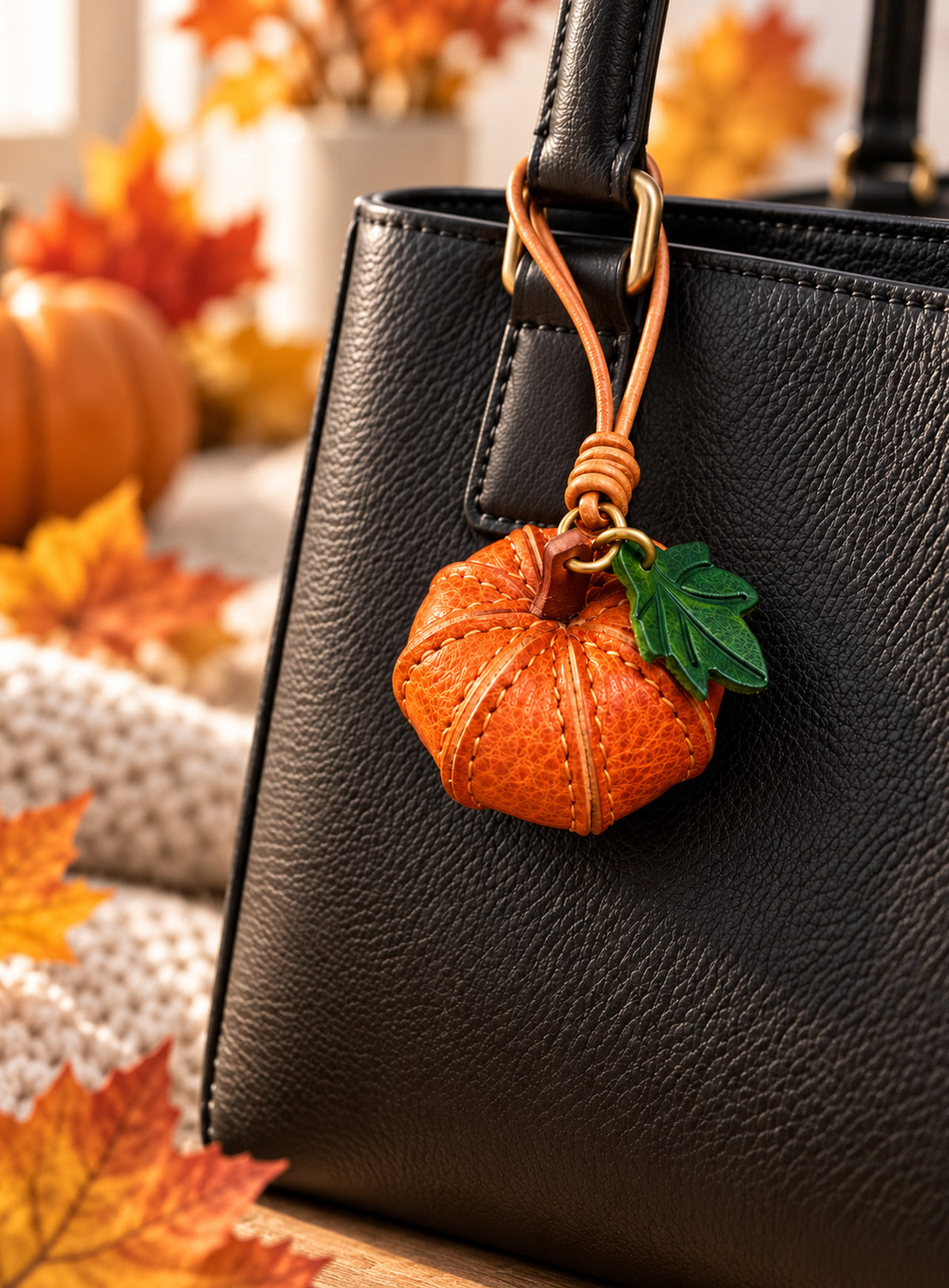 Pumpkin-shaped leather bag charm with stitched panels, a leaf accent, and a hanging loop