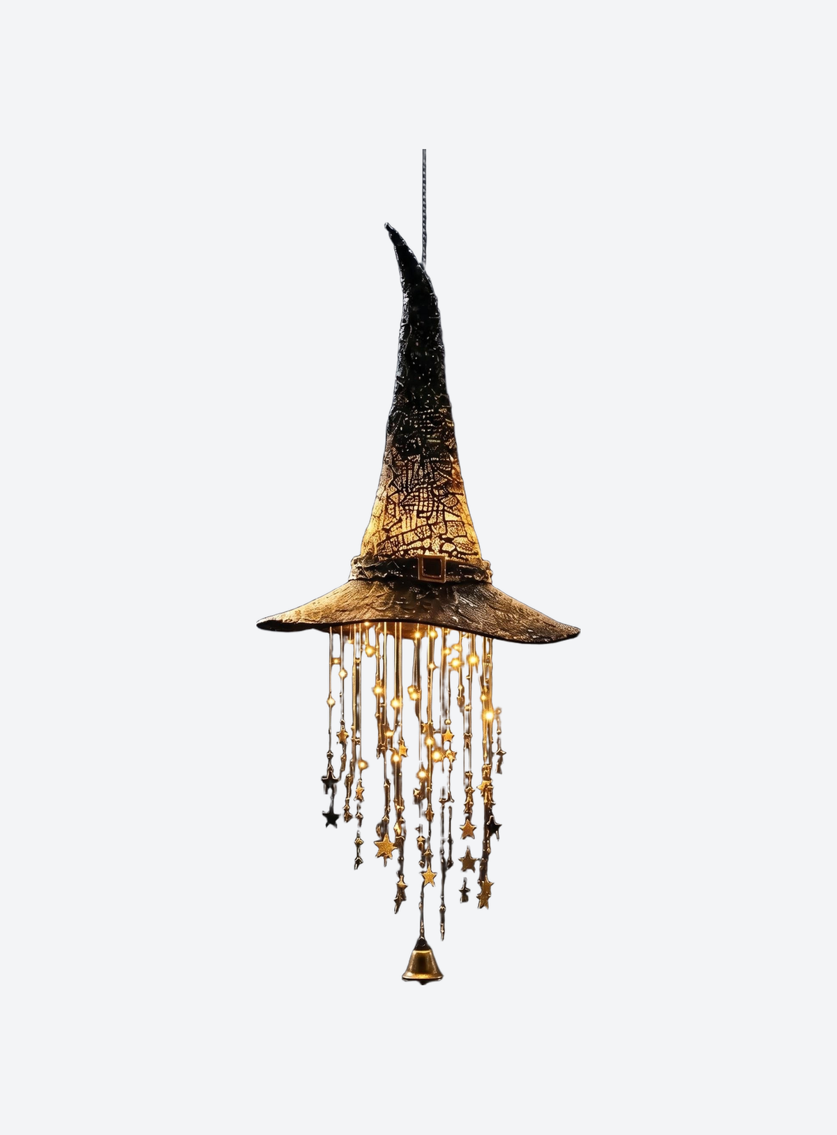 LED light-up witch hat wind chime with warm glow on a clean studio background