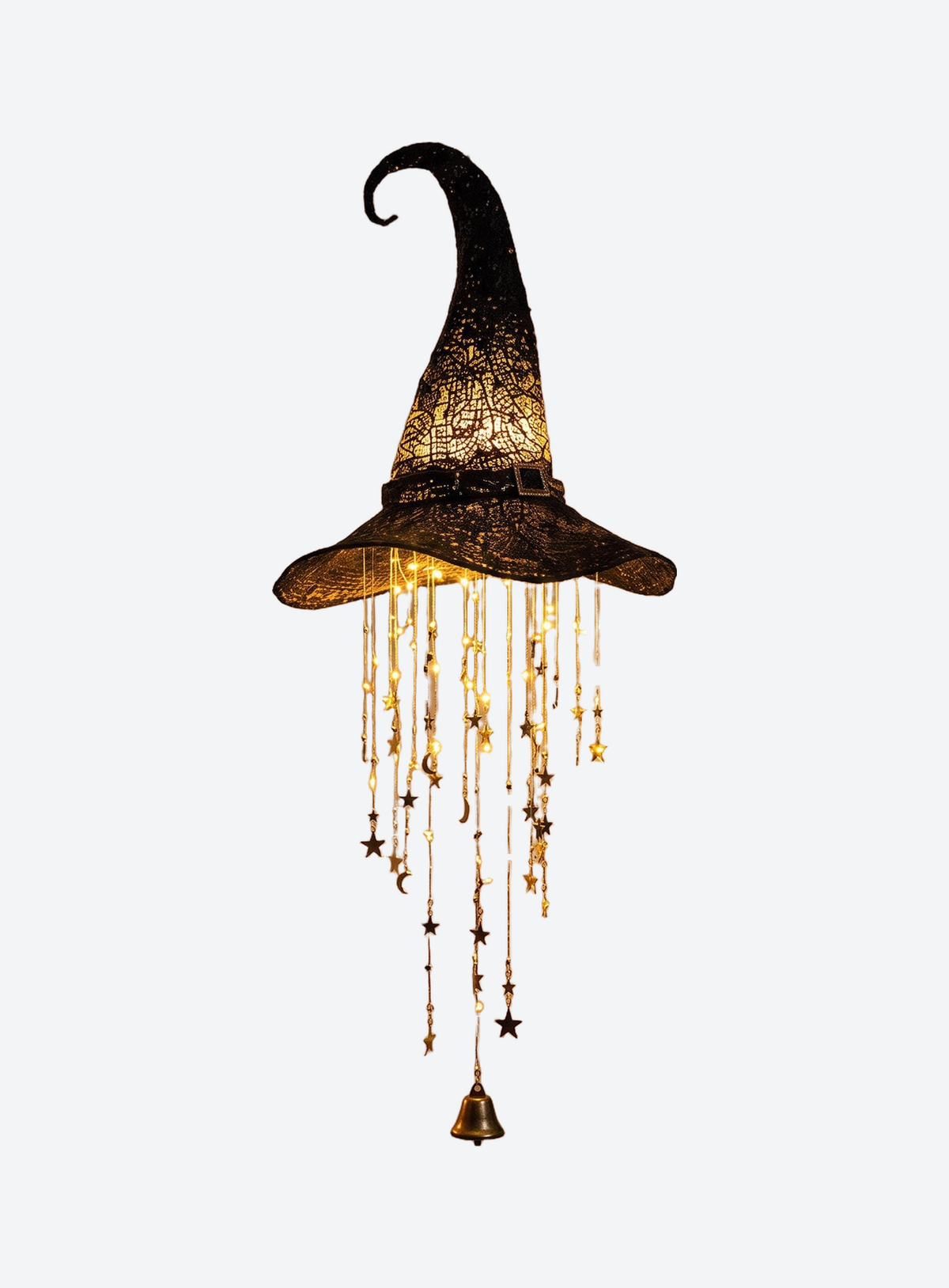 LED light-up witch hat wind chime with warm glow on a clean studio background