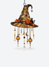Black lighted witch hat hanging decor with cat, pumpkin lanterns, moons, stars and crystal-style drops