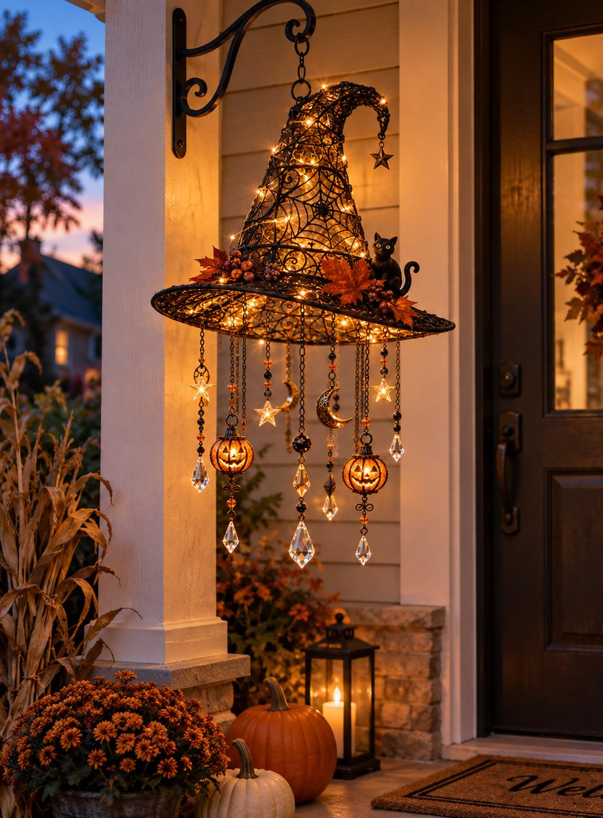 Black lighted witch hat hanging decor with cat, pumpkin lanterns, moons, stars and crystal-style drops