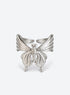 A silver-tone luna moth ring with brushed wings, polished tail details and an open wraparound band