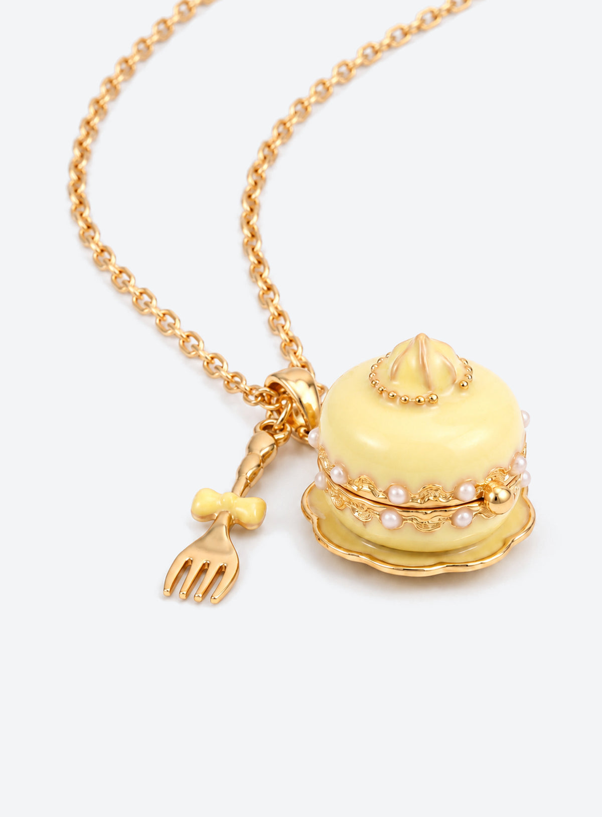 Cake-shaped enamel locket necklace with gold-tone trim and chain, plus a miniature cutlery charm (Yellow)