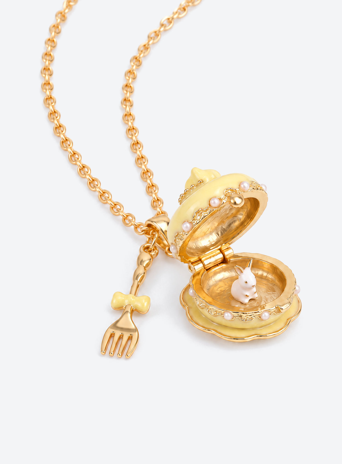 Cake-shaped enamel locket necklace with gold-tone trim and chain, plus a miniature cutlery charm (Yellow)