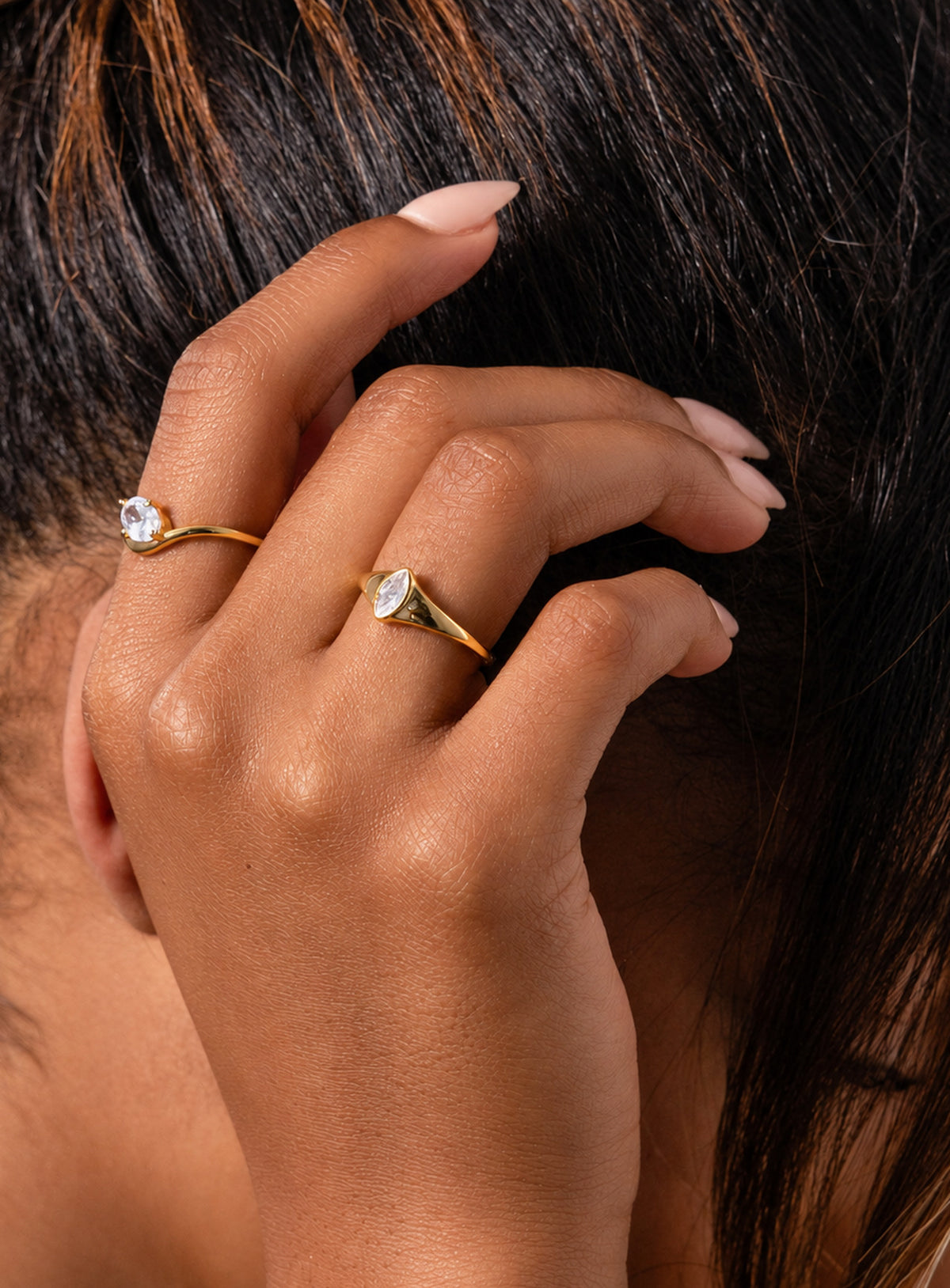 Gold-plated oval and marquise cubic zirconia two-piece ring set