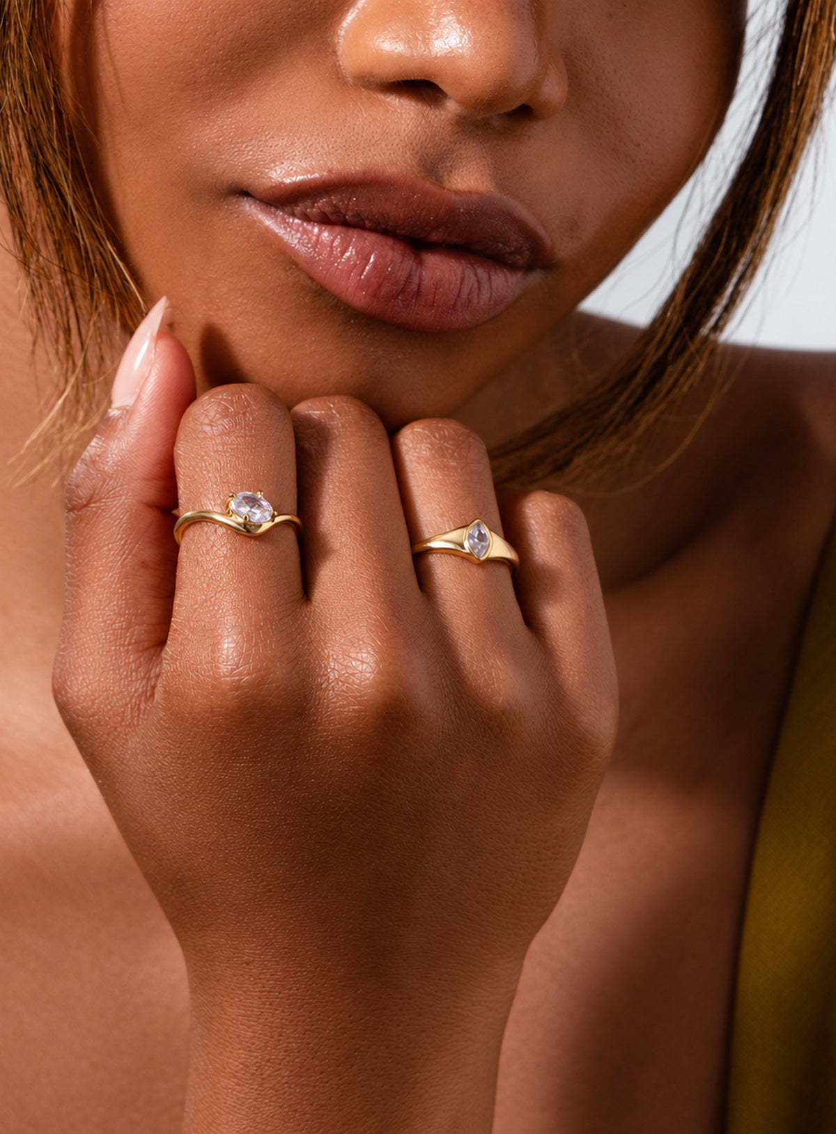 Gold-plated oval and marquise cubic zirconia two-piece ring set