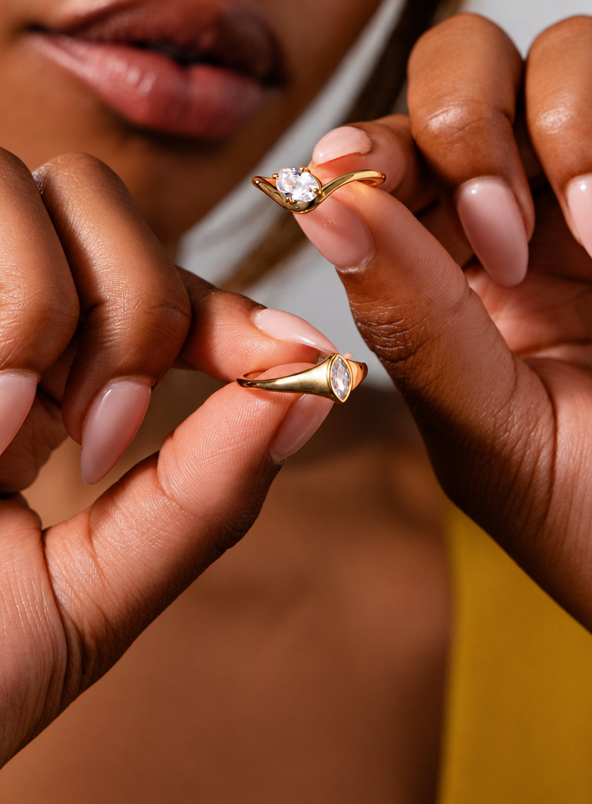 Gold-plated oval and marquise cubic zirconia two-piece ring set