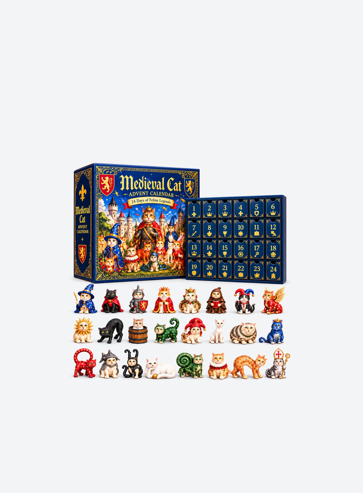 Cat advent calendar box with 24 three-dimensional PVC cat figurines in the selected design. (Feline Legends)