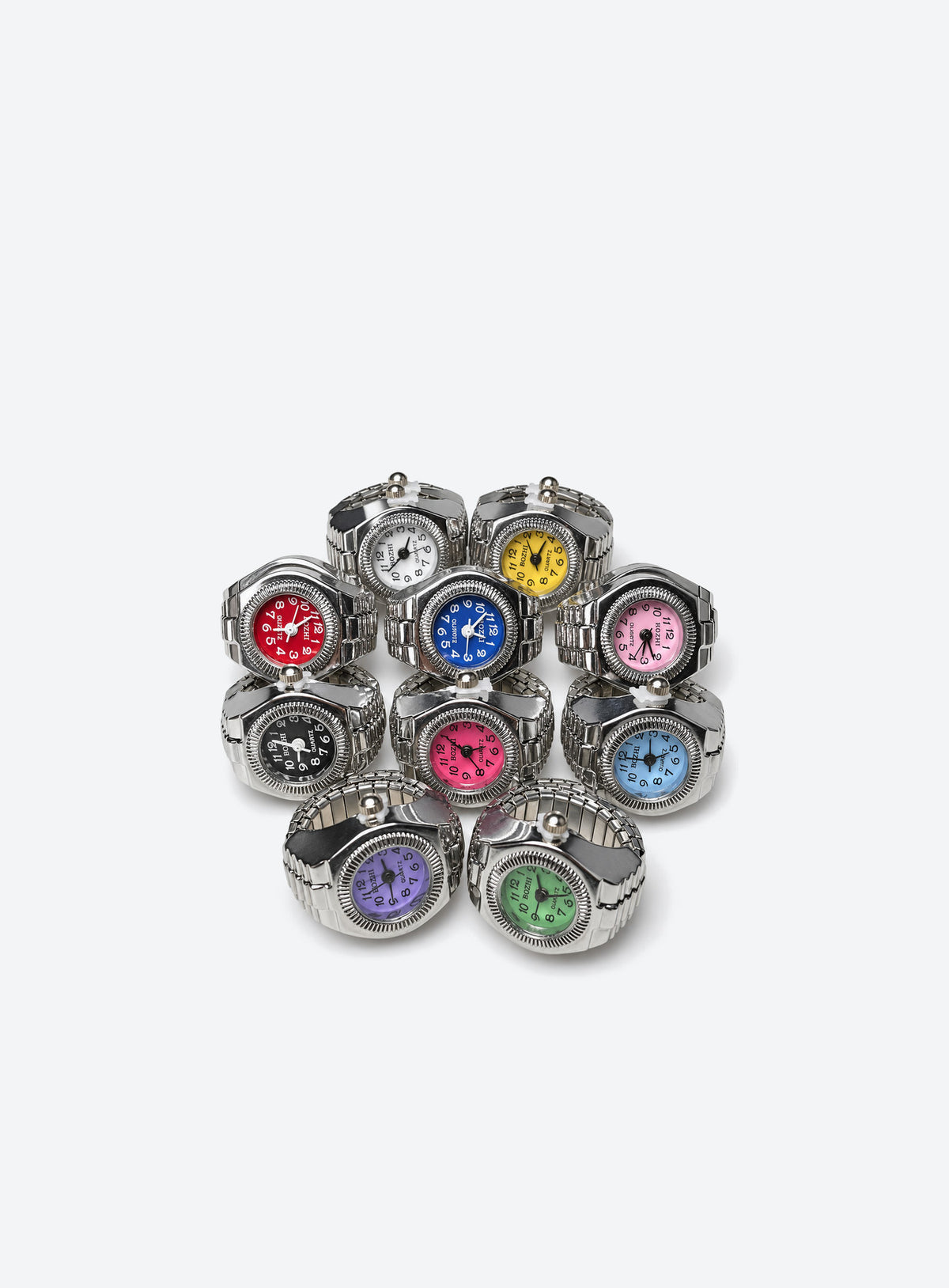 Silver-tone watch ring with a miniature analog dial and a flexible link band