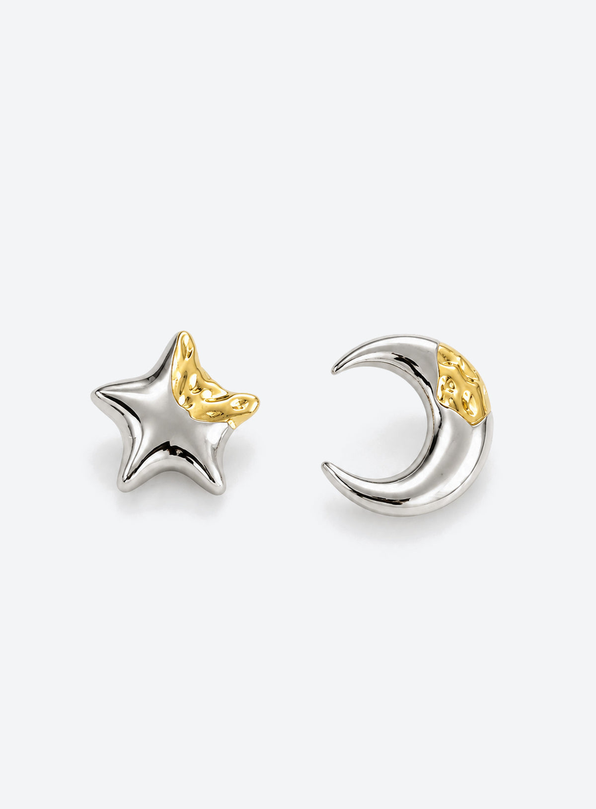 Mismatched two-tone moon and star stud earrings