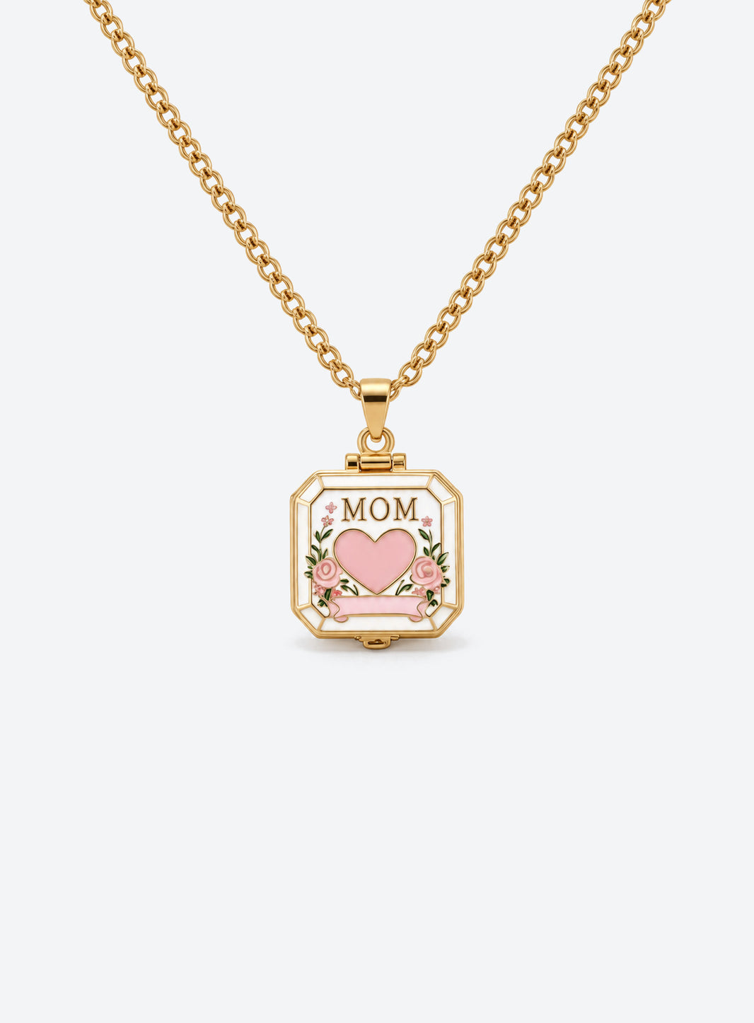 Square MOM locket necklace with a colored frame, heart motif, and floral details (Pink)