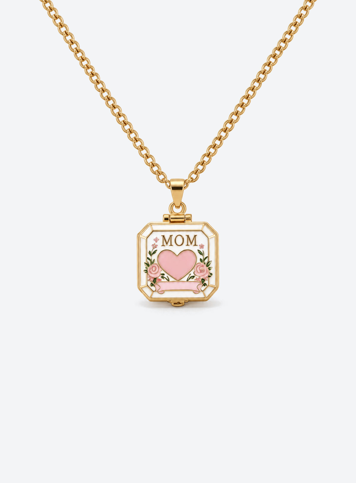 Square MOM locket necklace with a colored frame, heart motif, and floral details (Pink)