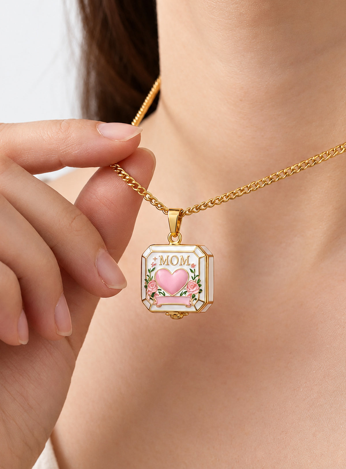 Square MOM locket necklace with a colored frame, heart motif, and floral details (Pink)
