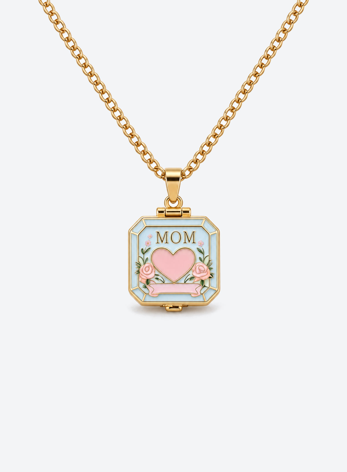 Square MOM locket necklace with a colored frame, heart motif, and floral details (Blue)