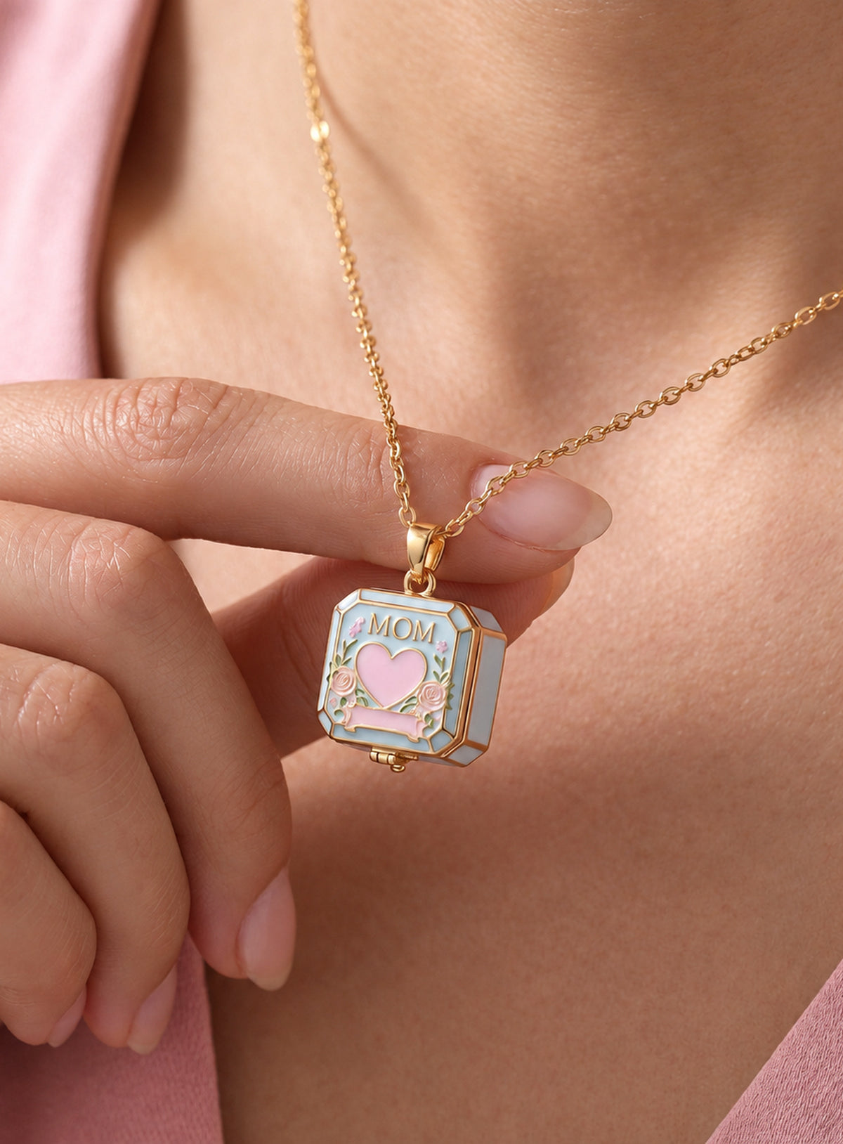 Square MOM locket necklace with a colored frame, heart motif, and floral details (Blue)
