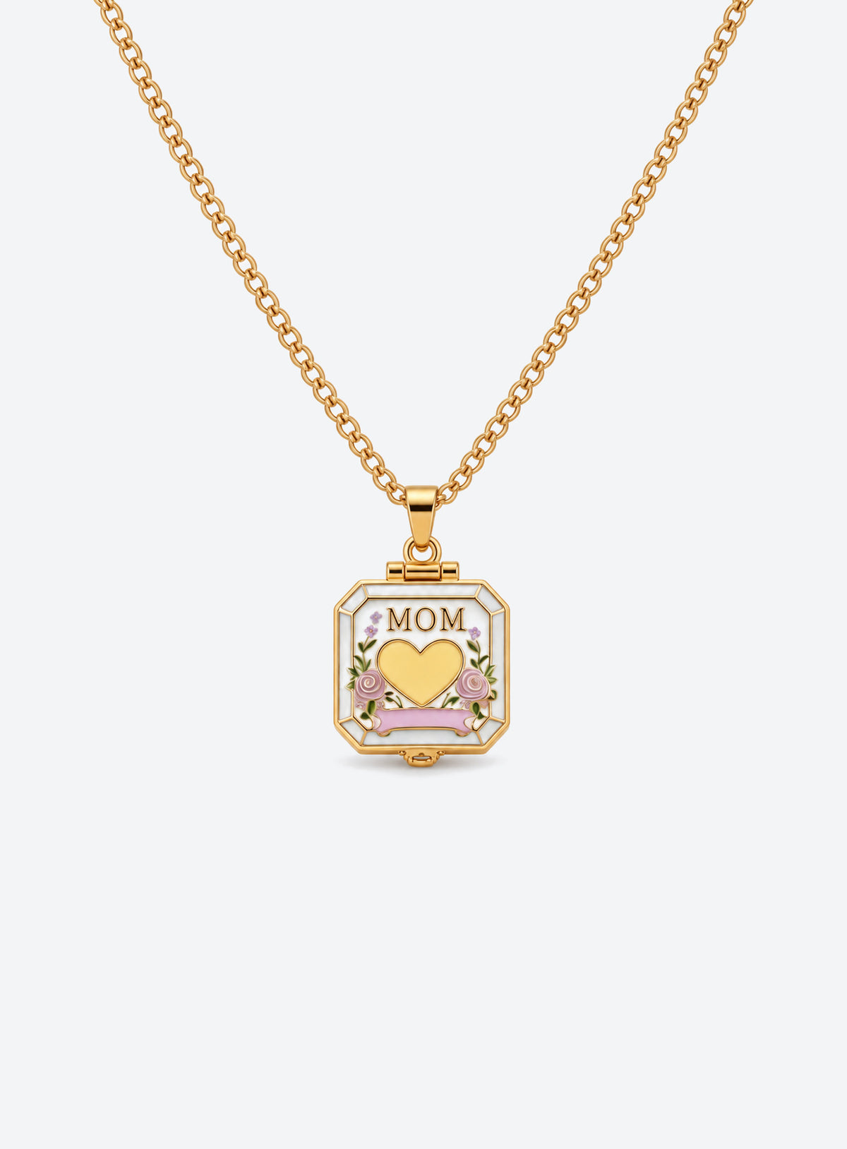 Square MOM locket necklace with a colored frame, heart motif, and floral details (Yellow)