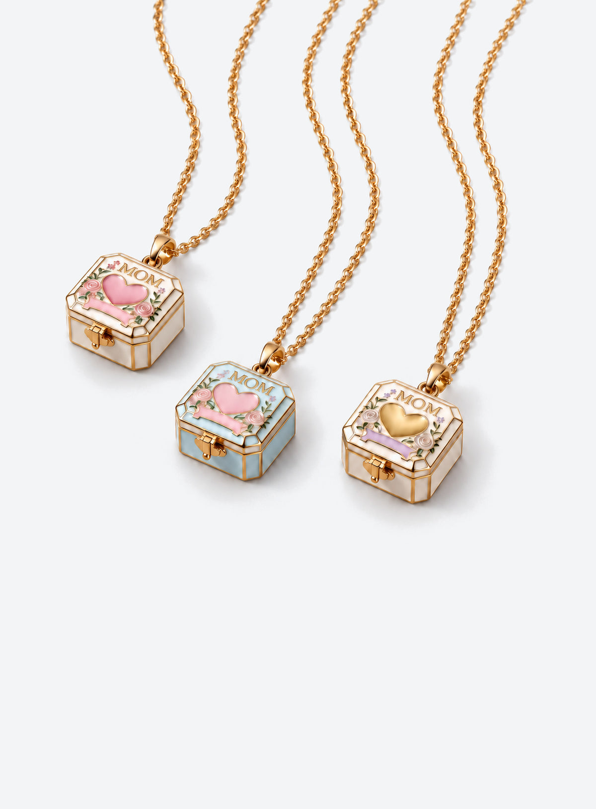 Square MOM locket necklace with a colored frame, heart motif, and floral details
