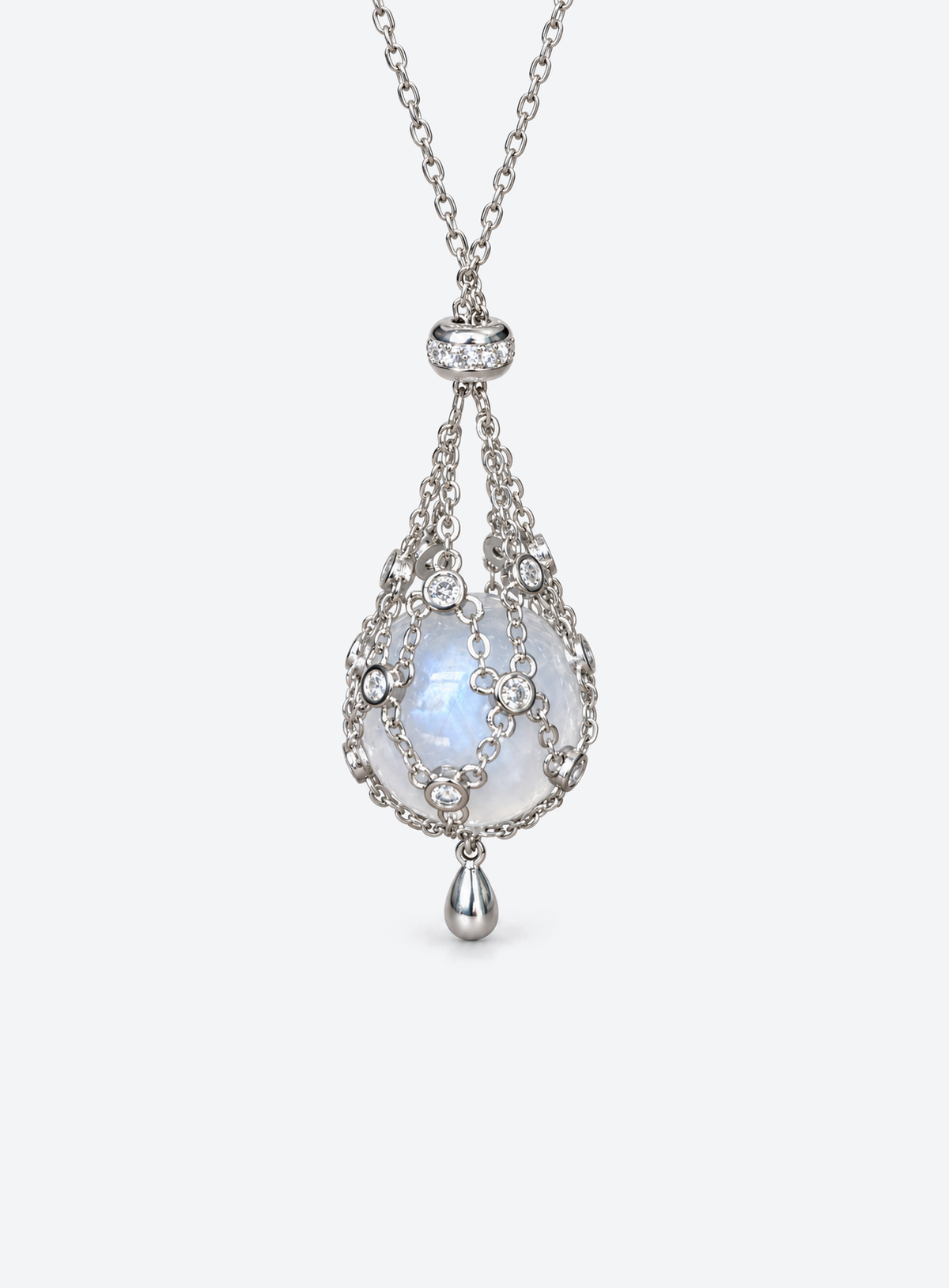 Silver tone Moonstone Cage Necklace with round moonstone sphere