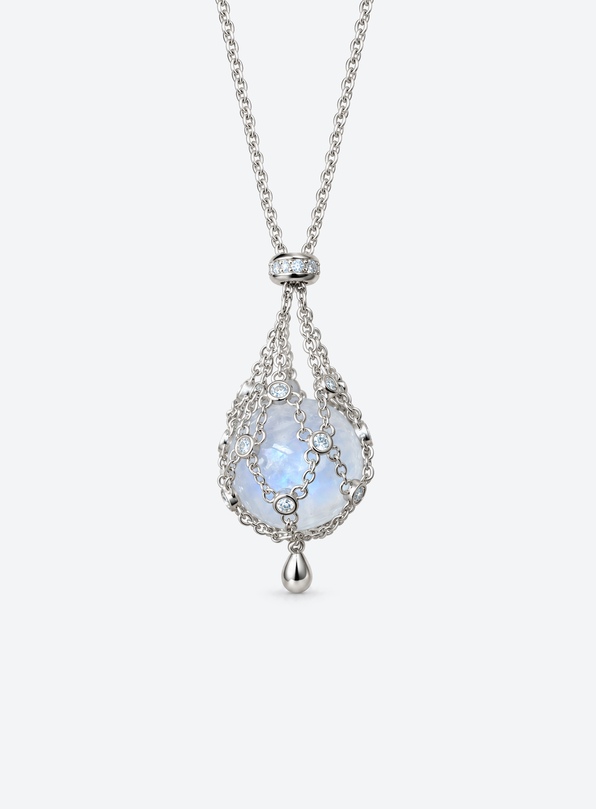 Silver tone Moonstone Cage Necklace with round moonstone sphere