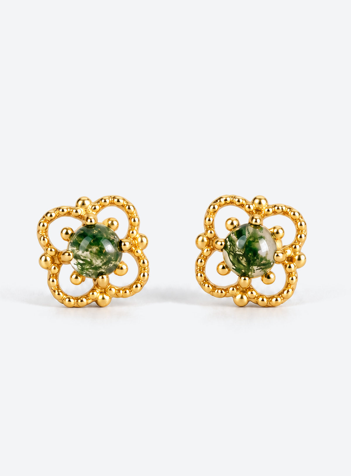 Gold moss agate stud earrings with green cabochon stones and open beaded clover frames