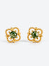 Gold moss agate stud earrings with green cabochon stones and open beaded clover frames