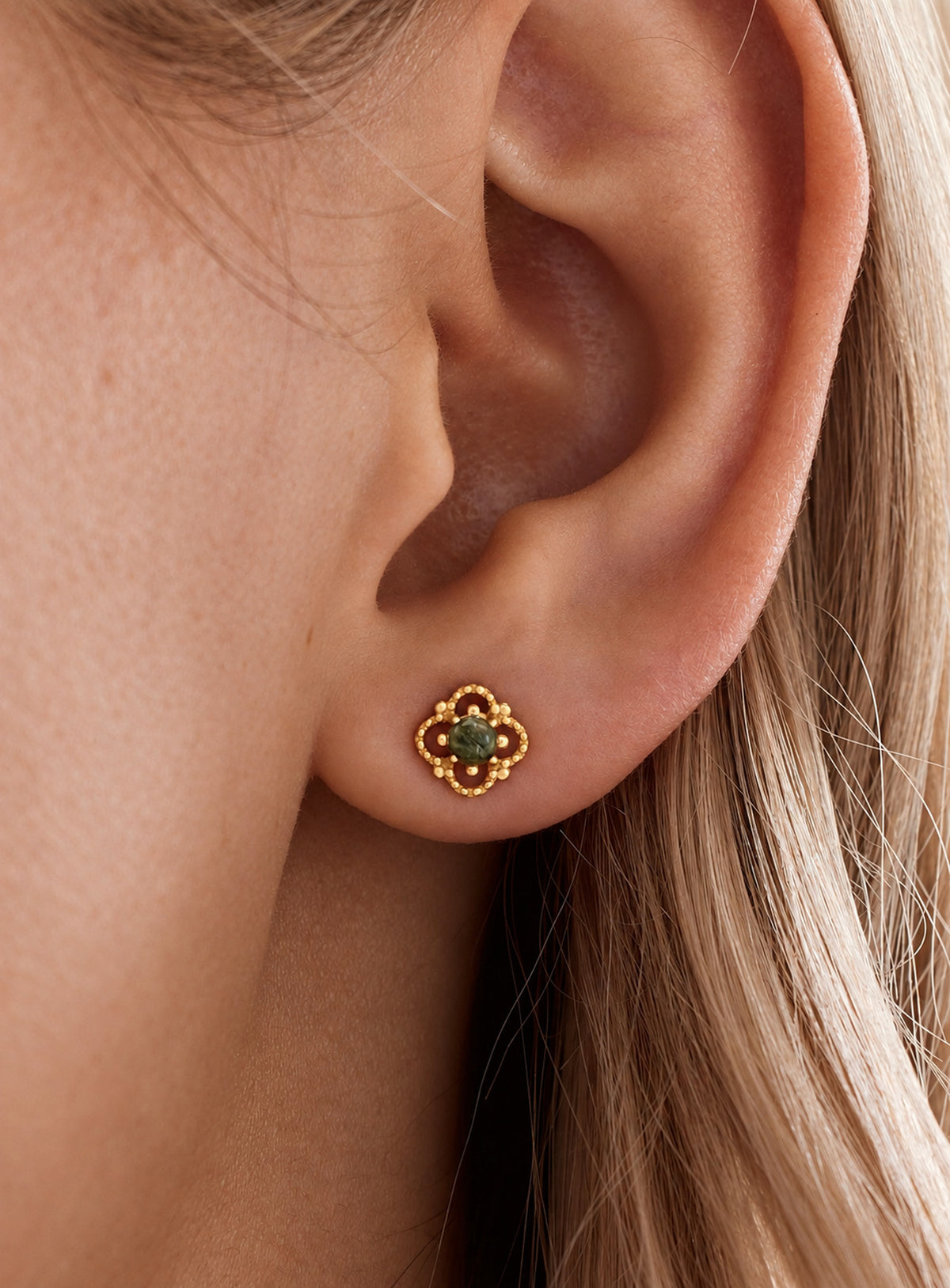 Gold moss agate stud earrings with green cabochon stones and open beaded clover frames