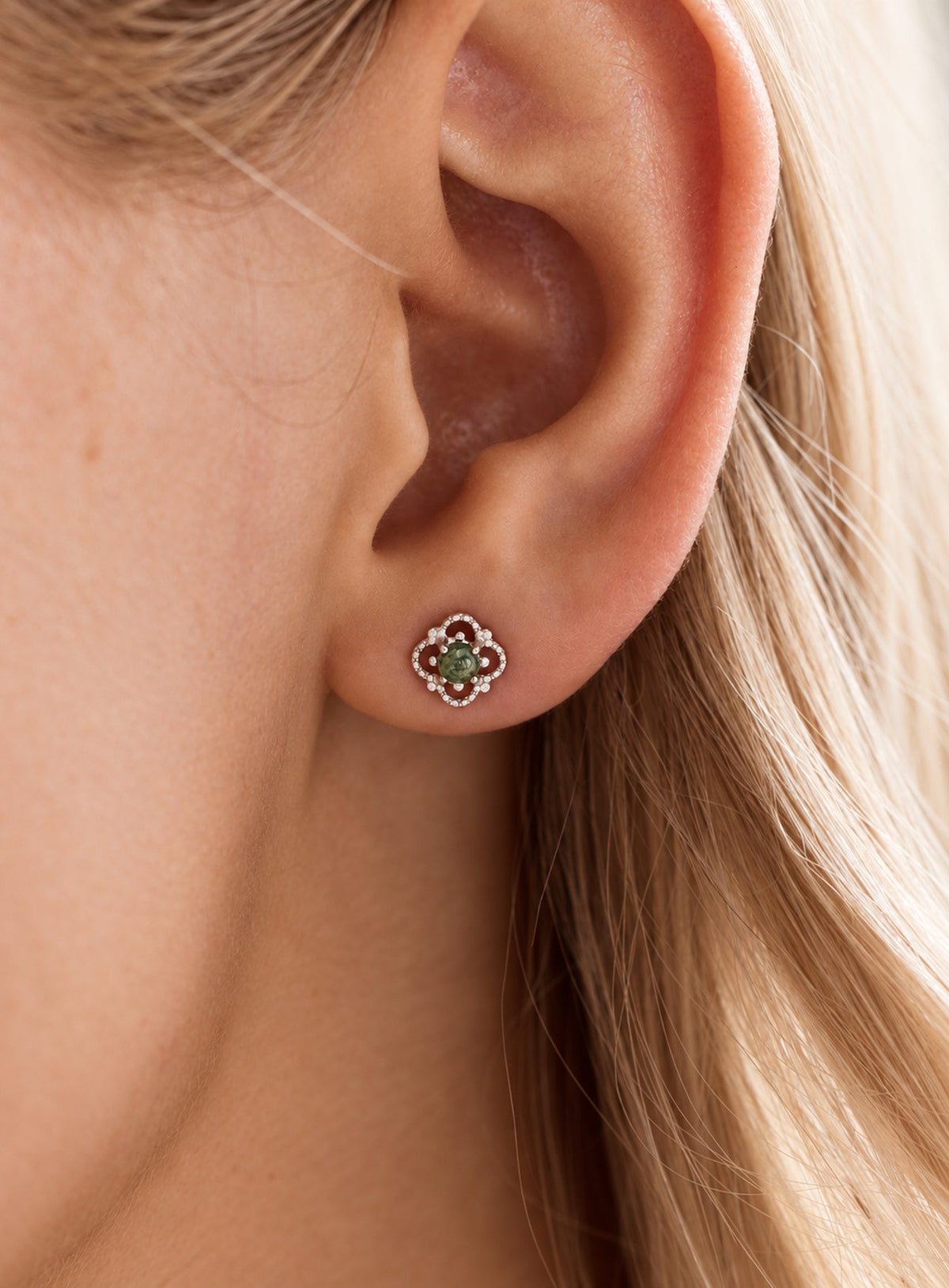 Gold moss agate stud earrings with green cabochon stones and open beaded clover frames
