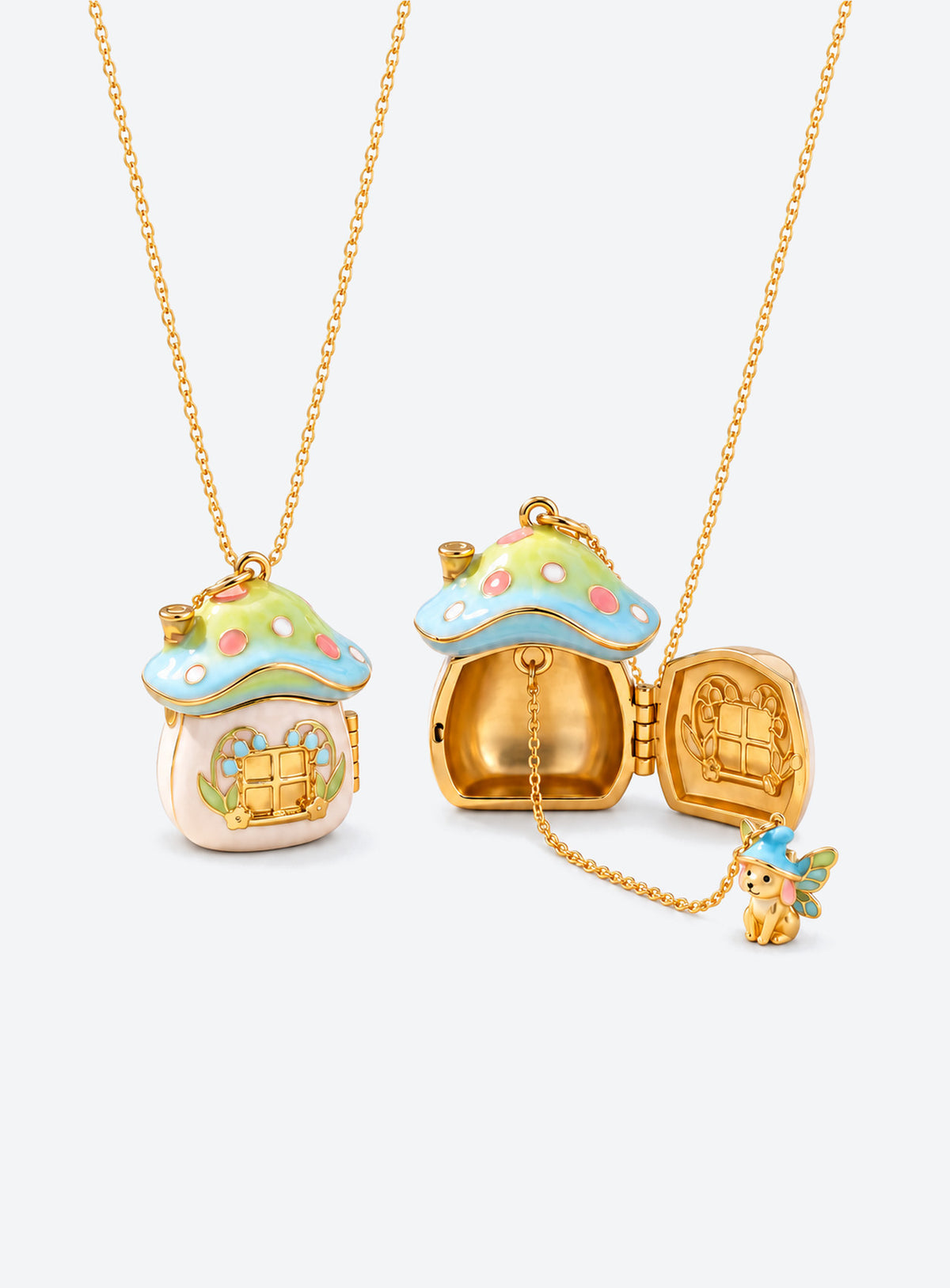 Gold-tone necklace with an enamel mushroom house locket and a hinged door