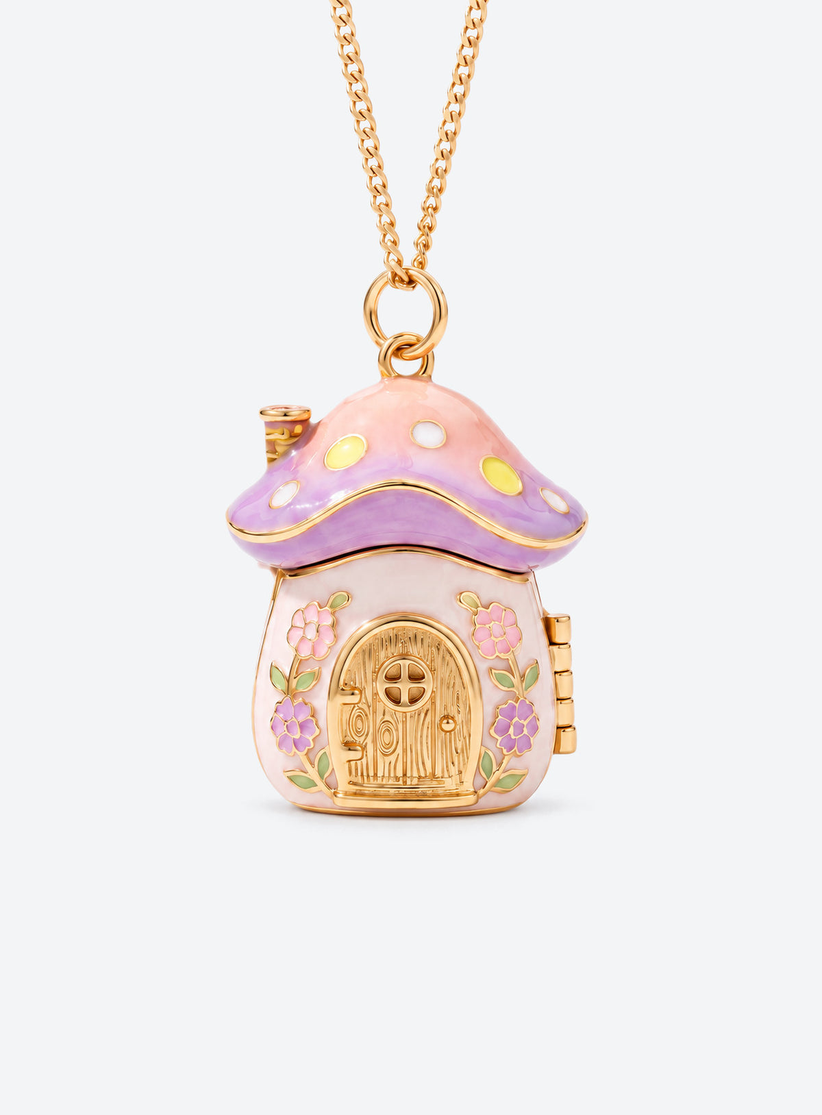 Gold-tone necklace with an enamel mushroom house locket and a hinged door