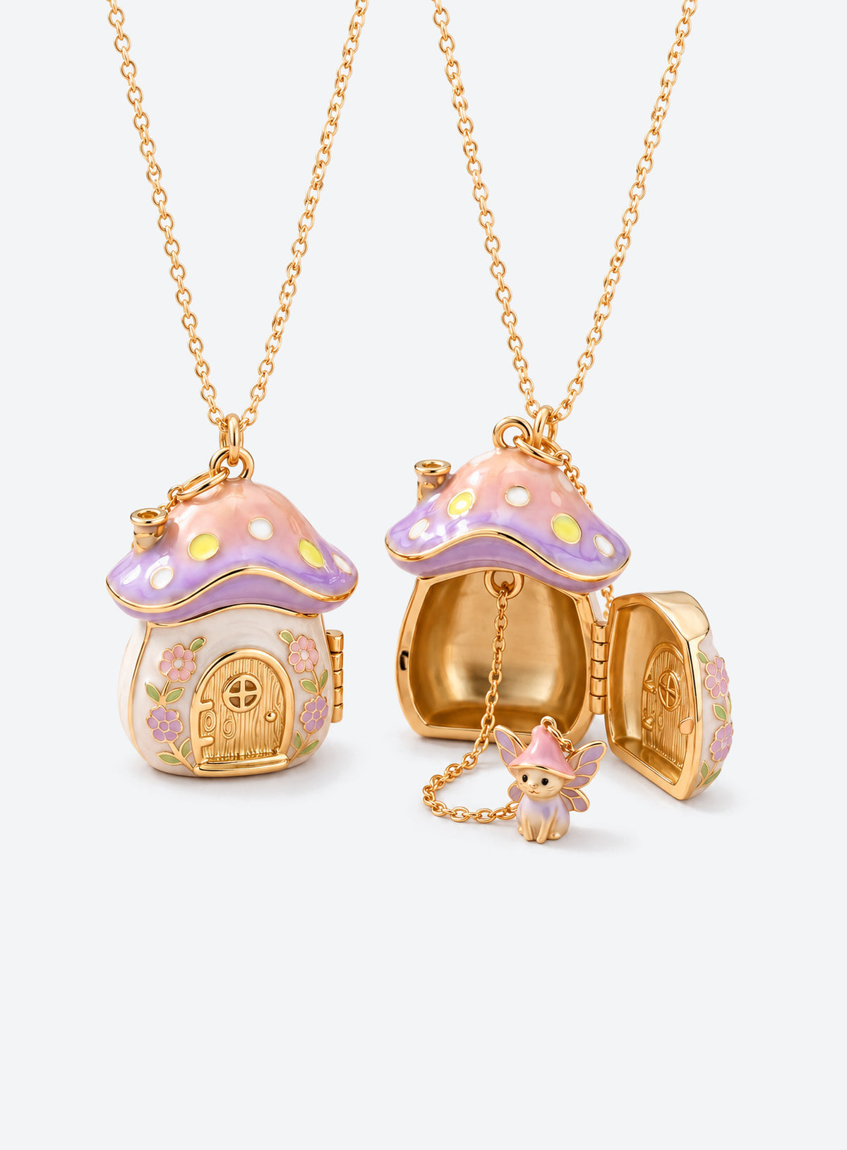 Gold-tone necklace with an enamel mushroom house locket and a hinged door
