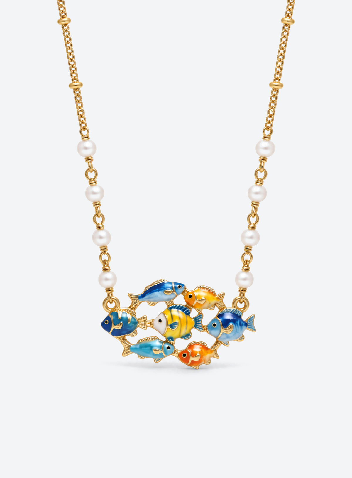Ocean-themed necklace with a pearl station chain and a cluster of shells, sea creatures, or colorful fish (Tropical Fish School)