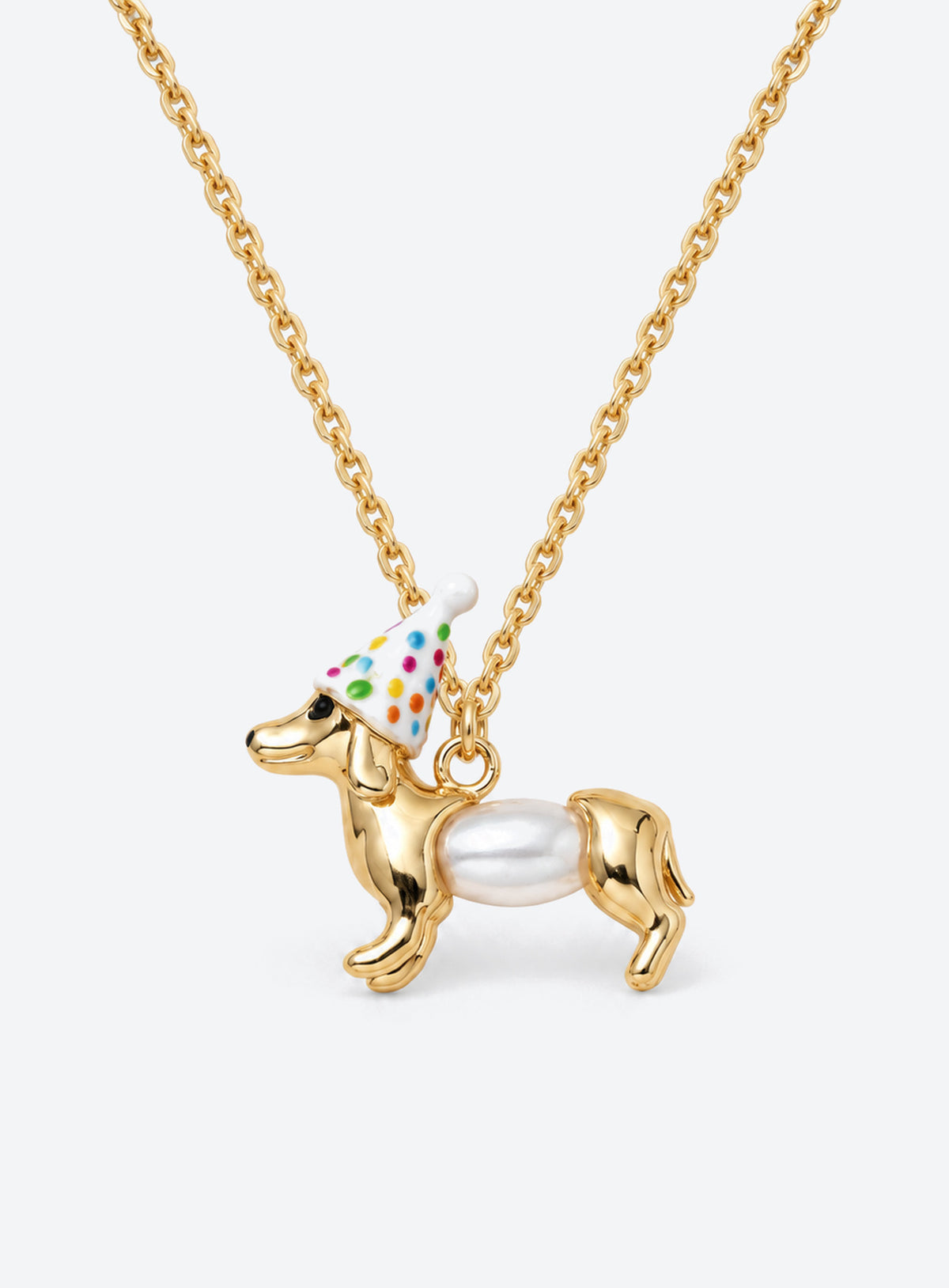 Dachshund pendant necklace with a white pearl body and a white party hat decorated with colored dots