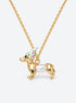 Dachshund pendant necklace with a white pearl body and a white party hat decorated with colored dots