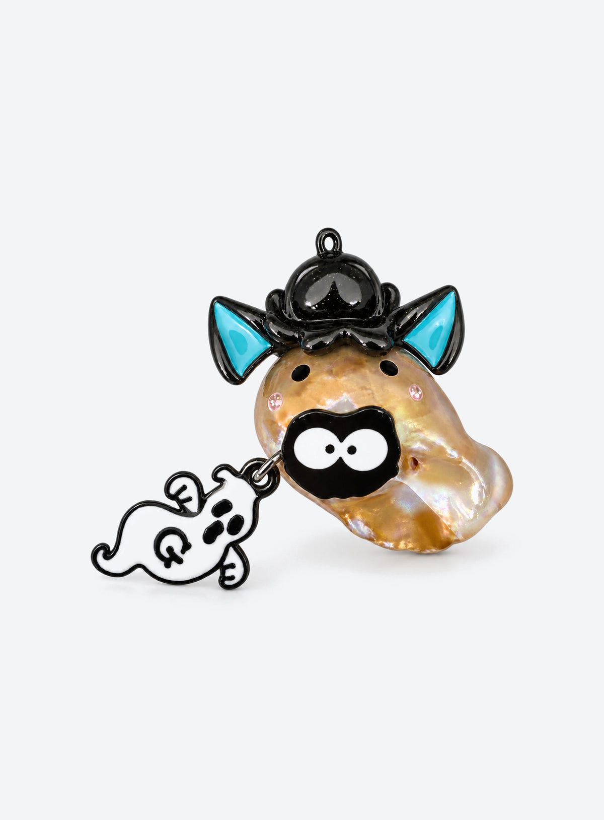 Irregular baroque pearl ghost charm with decorative character accents