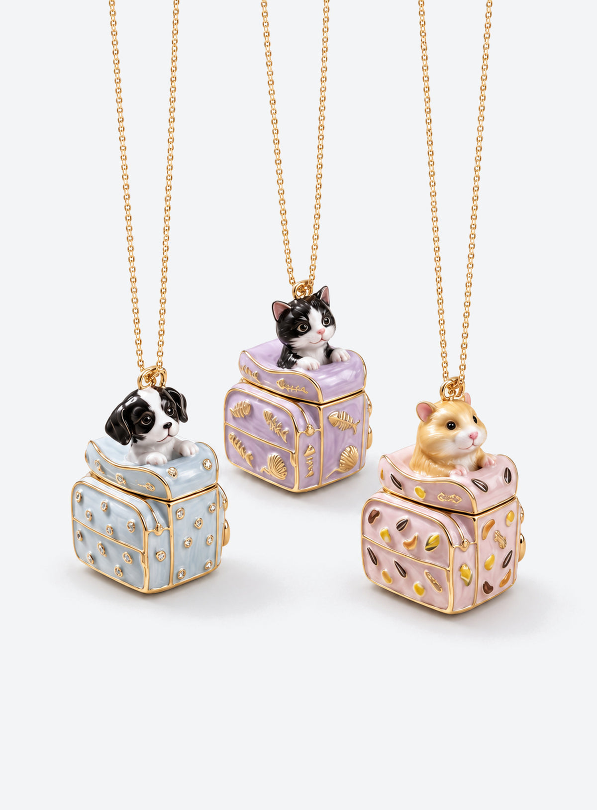 Pet box locket necklace with an animal figurine on the lid and colorful pet-themed details