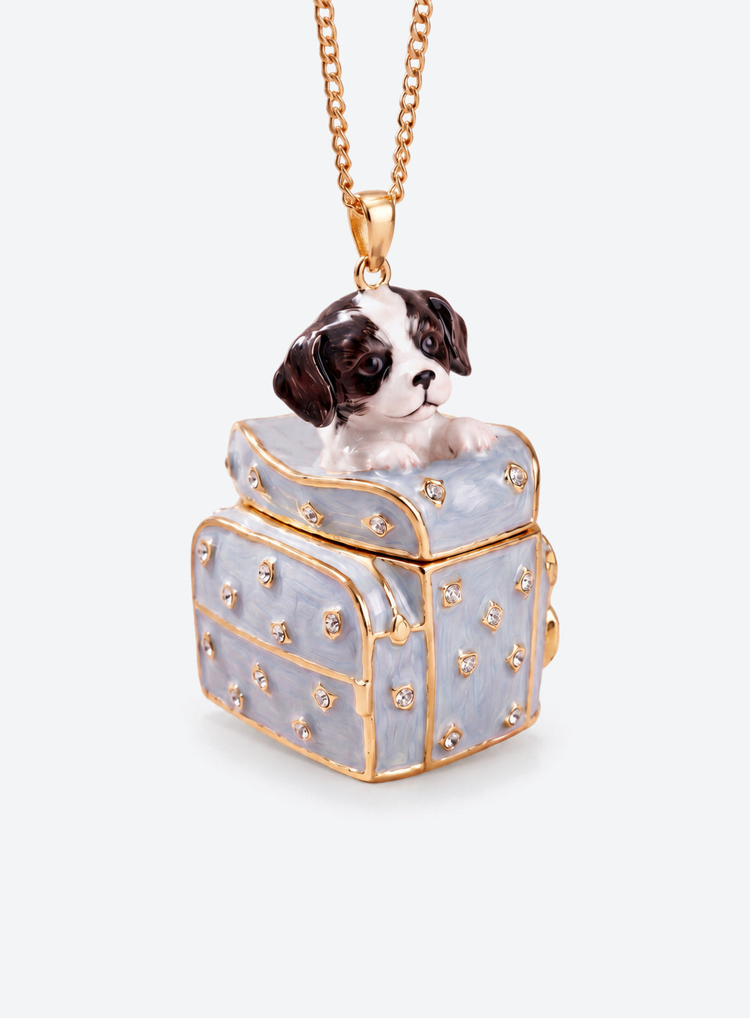 Pet box locket necklace with an animal figurine on the lid and colorful pet-themed details (Dog)