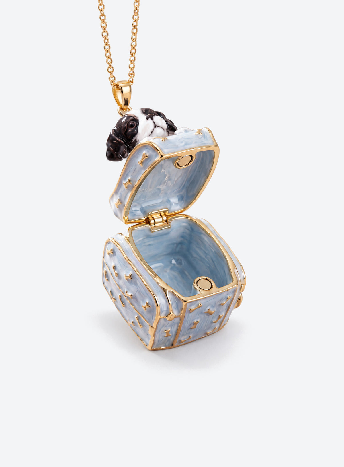 Pet box locket necklace with an animal figurine on the lid and colorful pet-themed details (Dog)