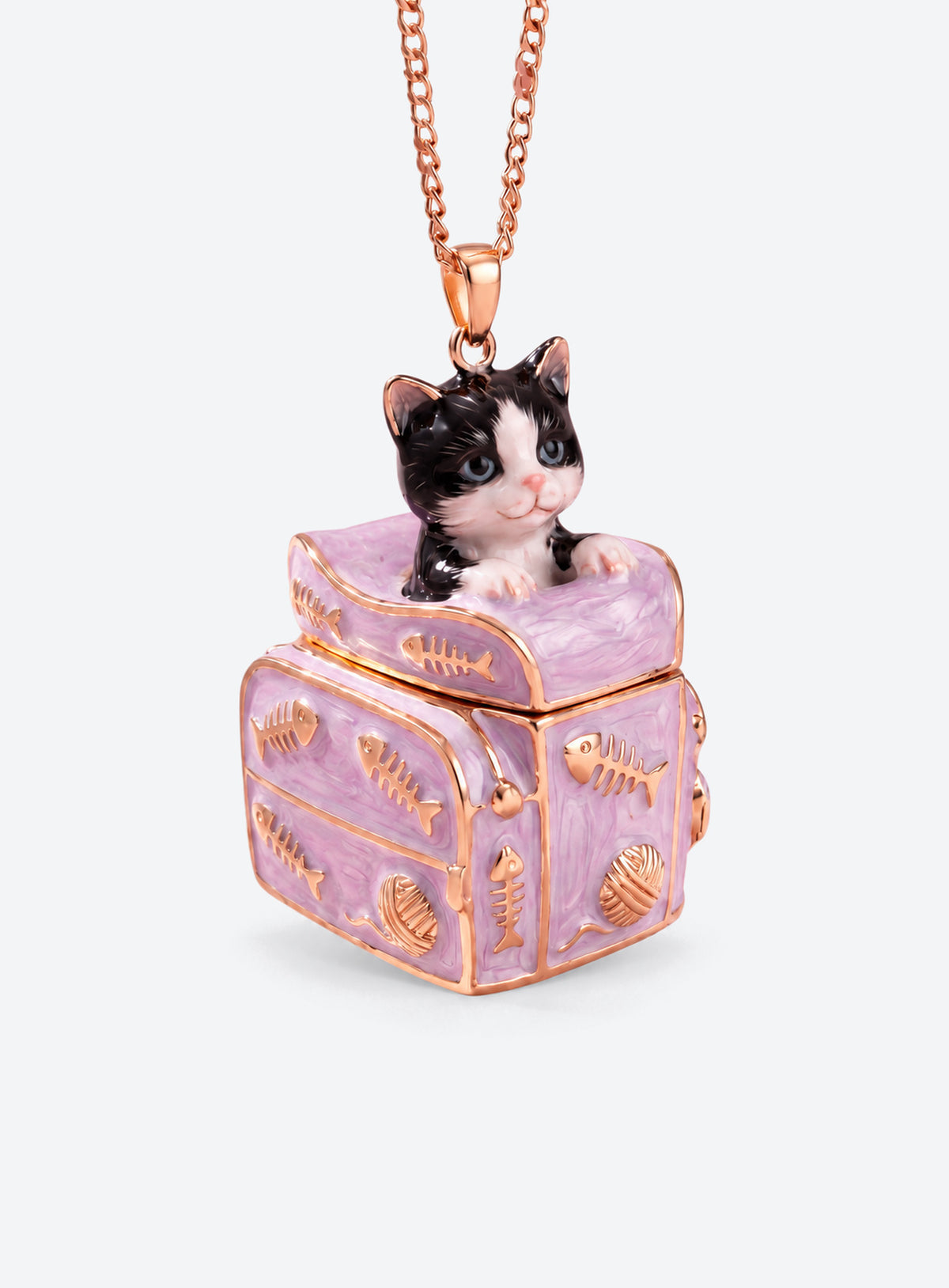 Pet box locket necklace with an animal figurine on the lid and colorful pet-themed details (Cat)