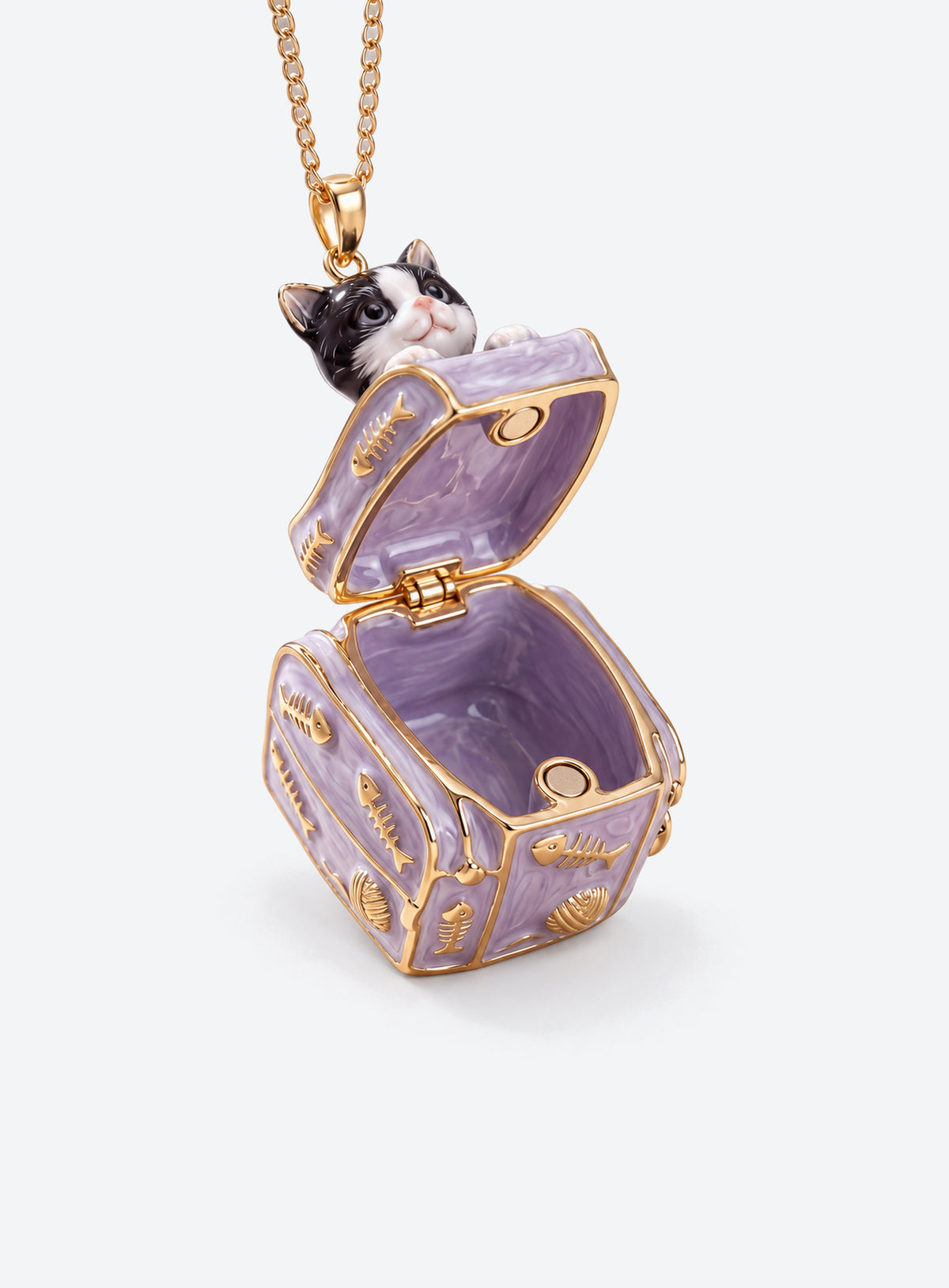 Pet box locket necklace with an animal figurine on the lid and colorful pet-themed details (Cat)