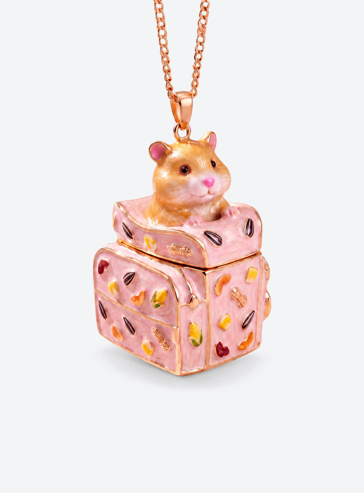 Pet box locket necklace with an animal figurine on the lid and colorful pet-themed details (Hamster)