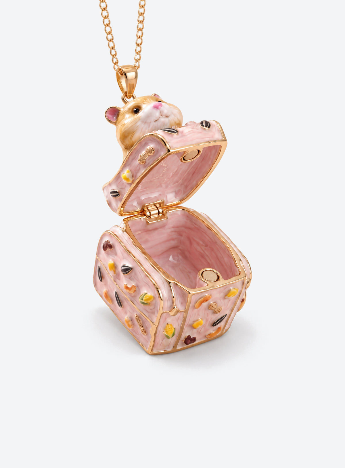 Pet box locket necklace with an animal figurine on the lid and colorful pet-themed details (Hamster)