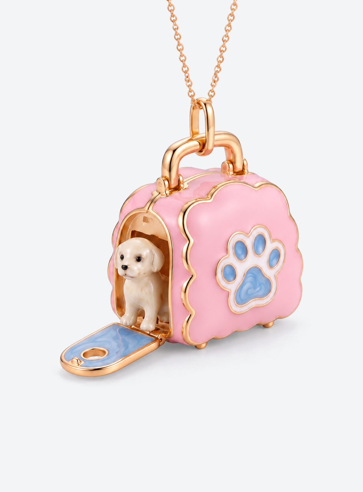 Pet carrier locket necklace with a tiny animal inside and decorative details on the carrier (Dog)
