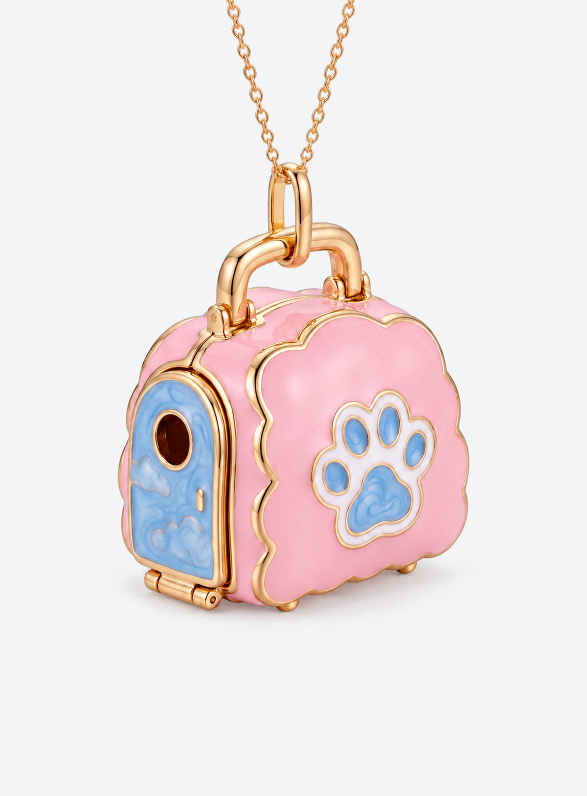 Pet carrier locket necklace with a tiny animal inside and decorative details on the carrier (Dog)