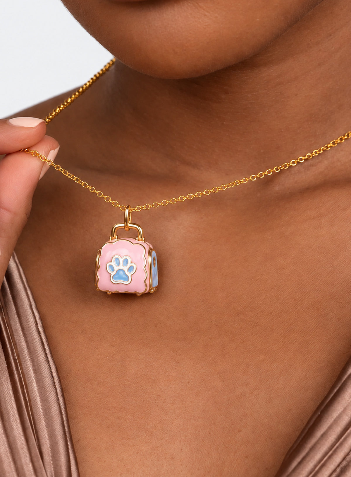 Pet carrier locket necklace with a tiny animal inside and decorative details on the carrier (Dog)